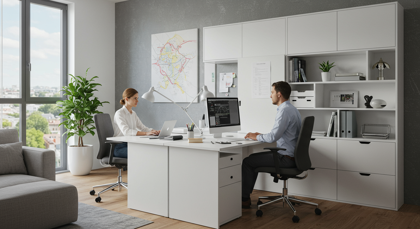 Illustration éditoriale pour Bureaux et Studios Modulaires : Flexibilité et Design au Service de la Productivité