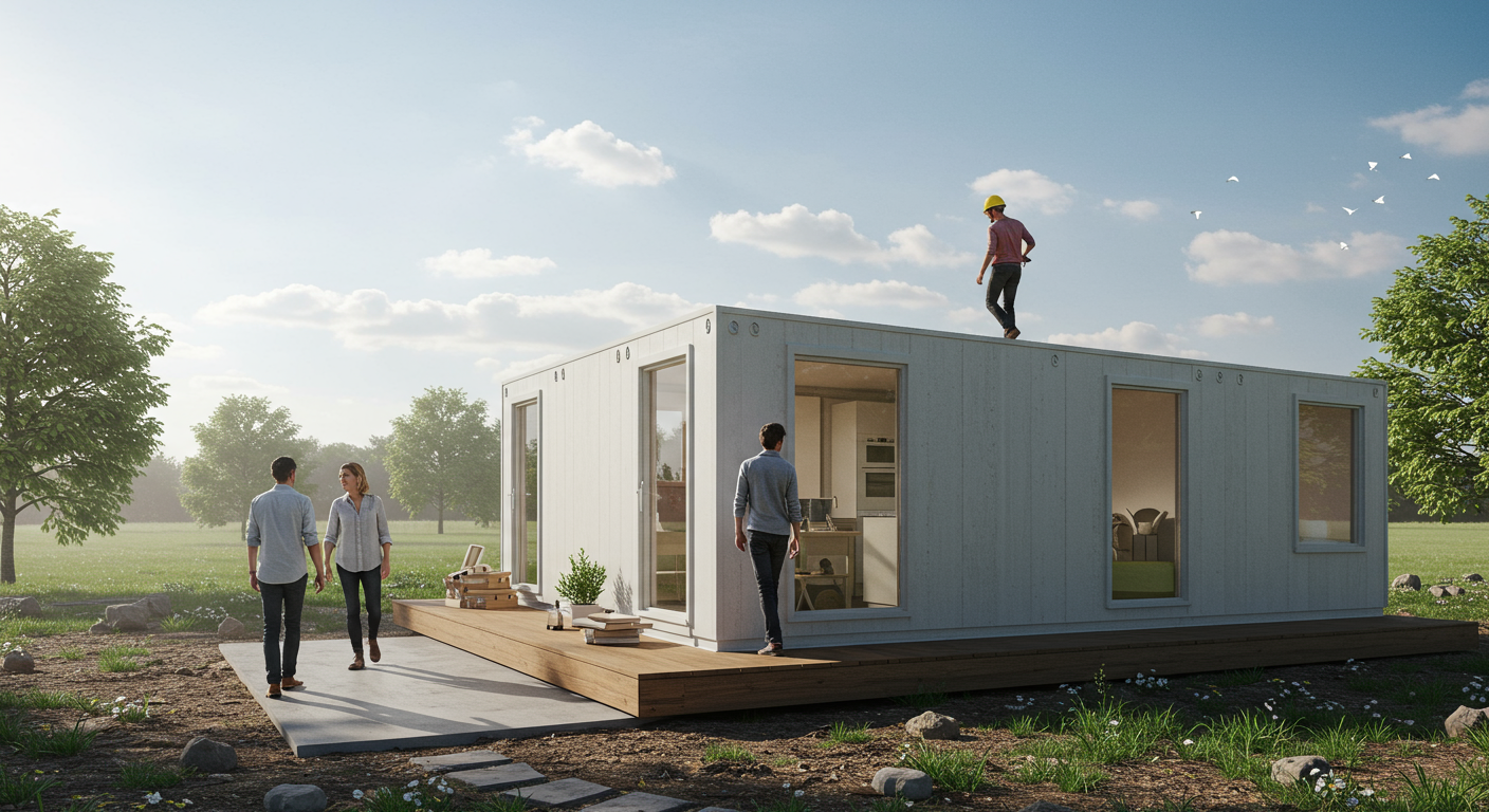 Illustration éditoriale pour Les Maisons Modulaires : Une Révolution Écologique et Architecturale